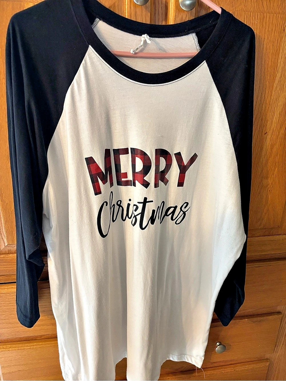 Next Level Apparel Merry Christmas Raglan 3/4 Long Sleeve Top in Black & White